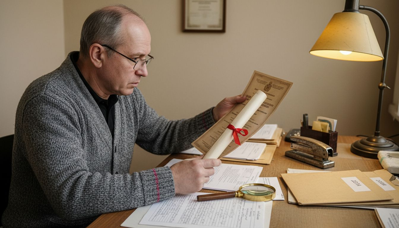 Специалист за рабочим столом внимательно проверяет подлинность документов.