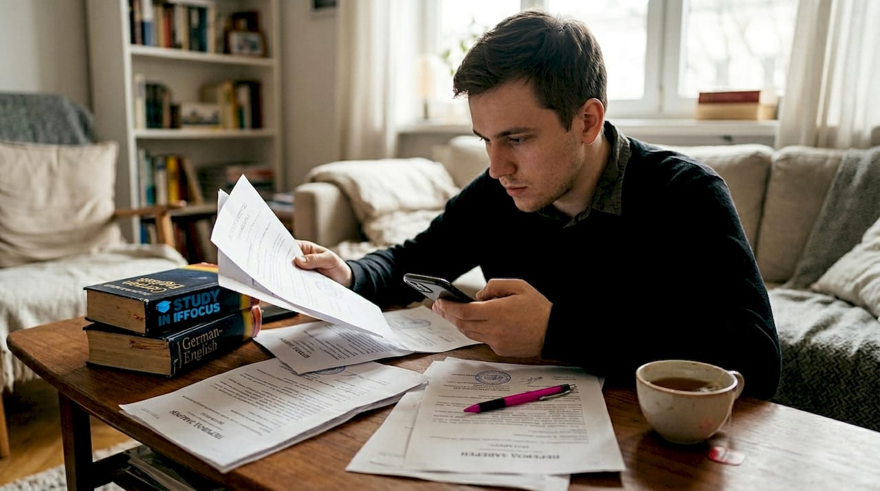 Мужчина внимательно изучает дома переводы документов с нотариальным заверением.