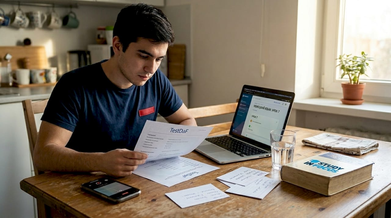 Студент готовится к собеседованию в университете и оттачивает свои знания немецкого языка.