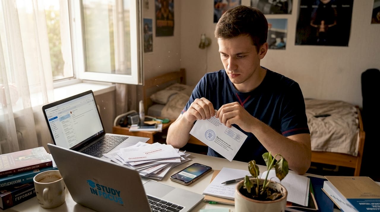Студент получает долгожданное письмо о зачислении в немецкий университет.