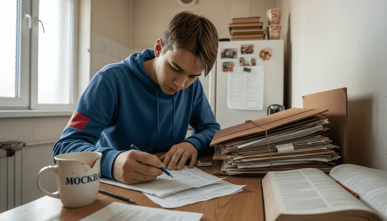 Подросток внимательно изучает документы для поступления в немецкий университет.