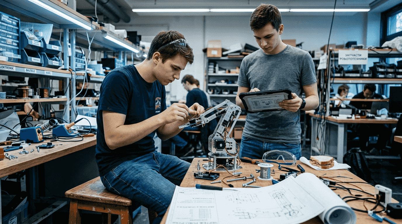 В инженерной лаборатории студенты собрали роботизированную руку.