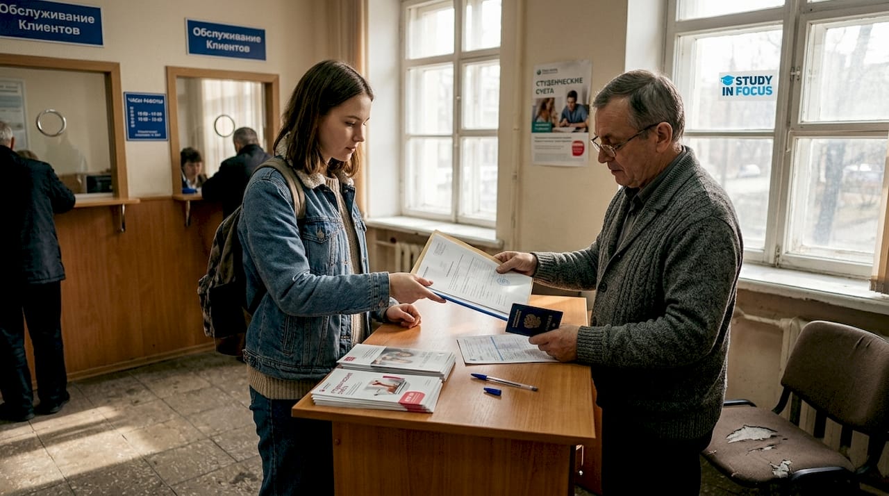 Студент оформляет документы у кассира в банке