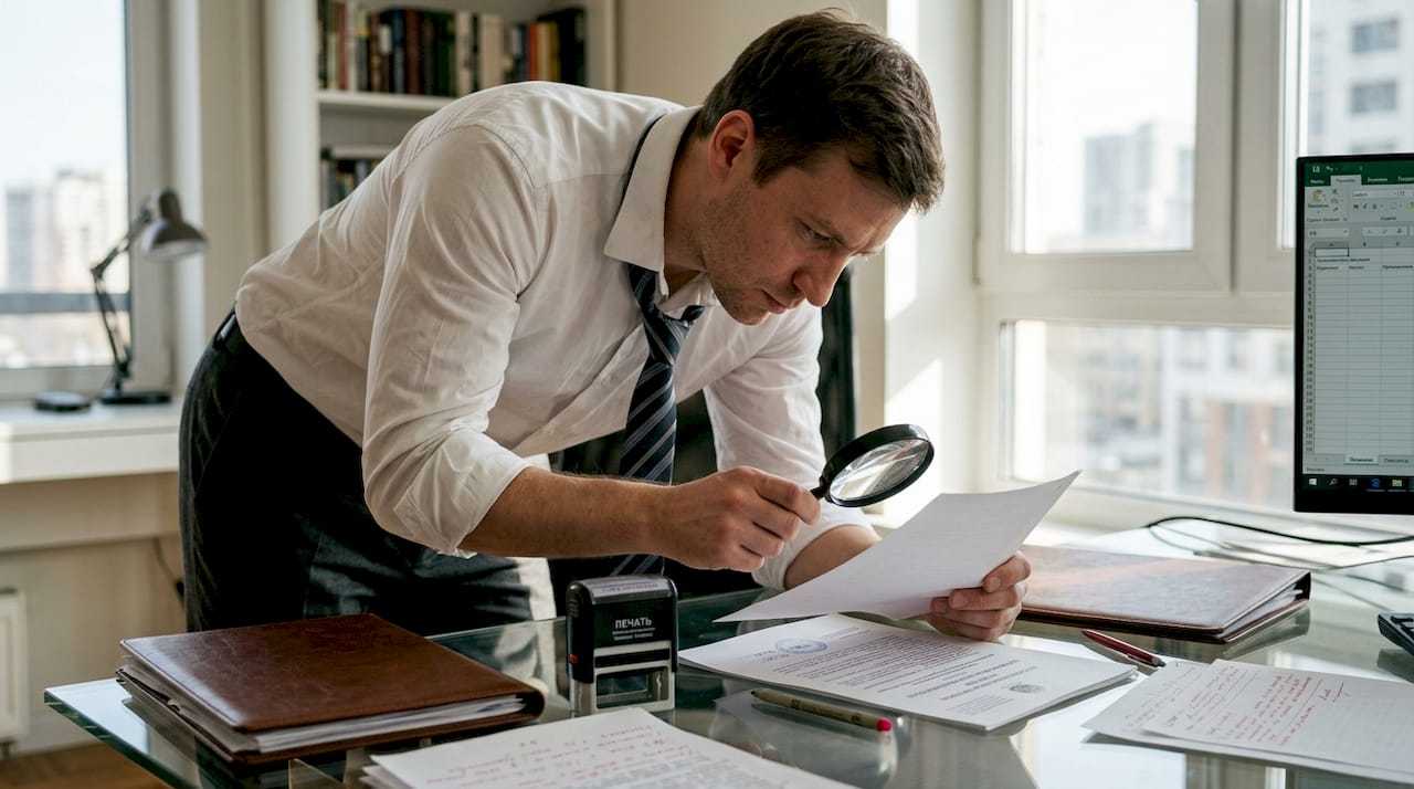 Мужчина внимательно проверяет нотариально заверенный перевод на наличие ошибок.