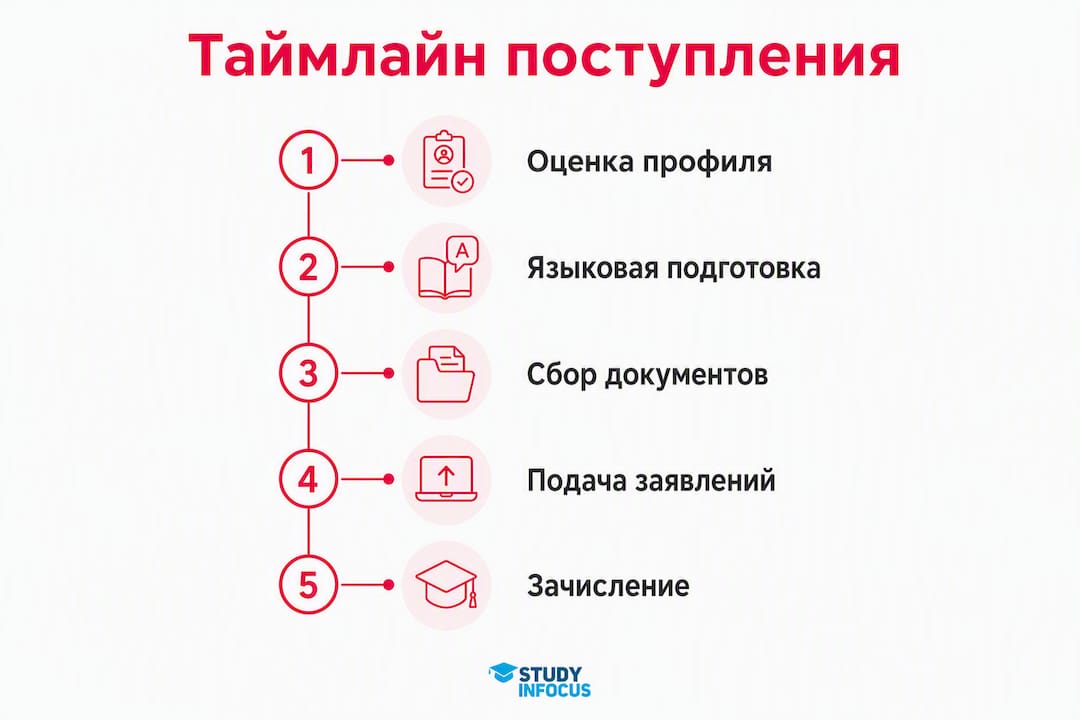 Инфографика: шаги для поступления в университет Германии