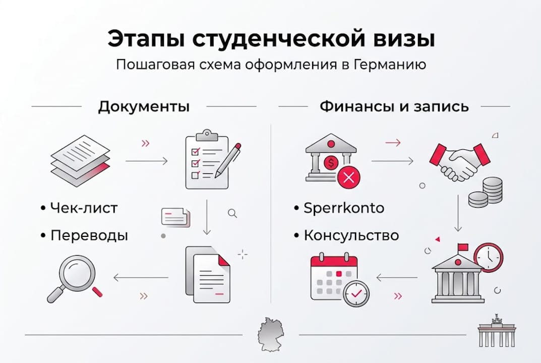 Инфографика: пошаговая инструкция оформления студенческой визы в Германию