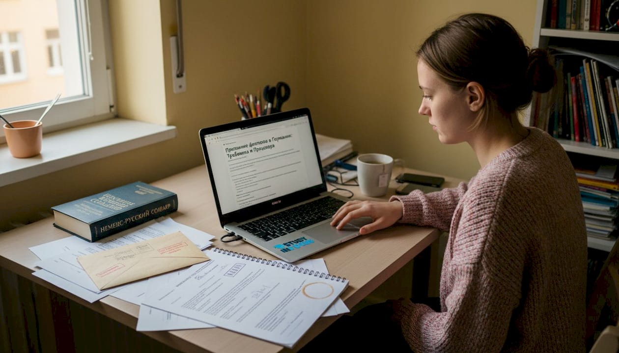 Студент сидит на кухне за ноутбуком и узнаёт, как подтвердить свой диплом.