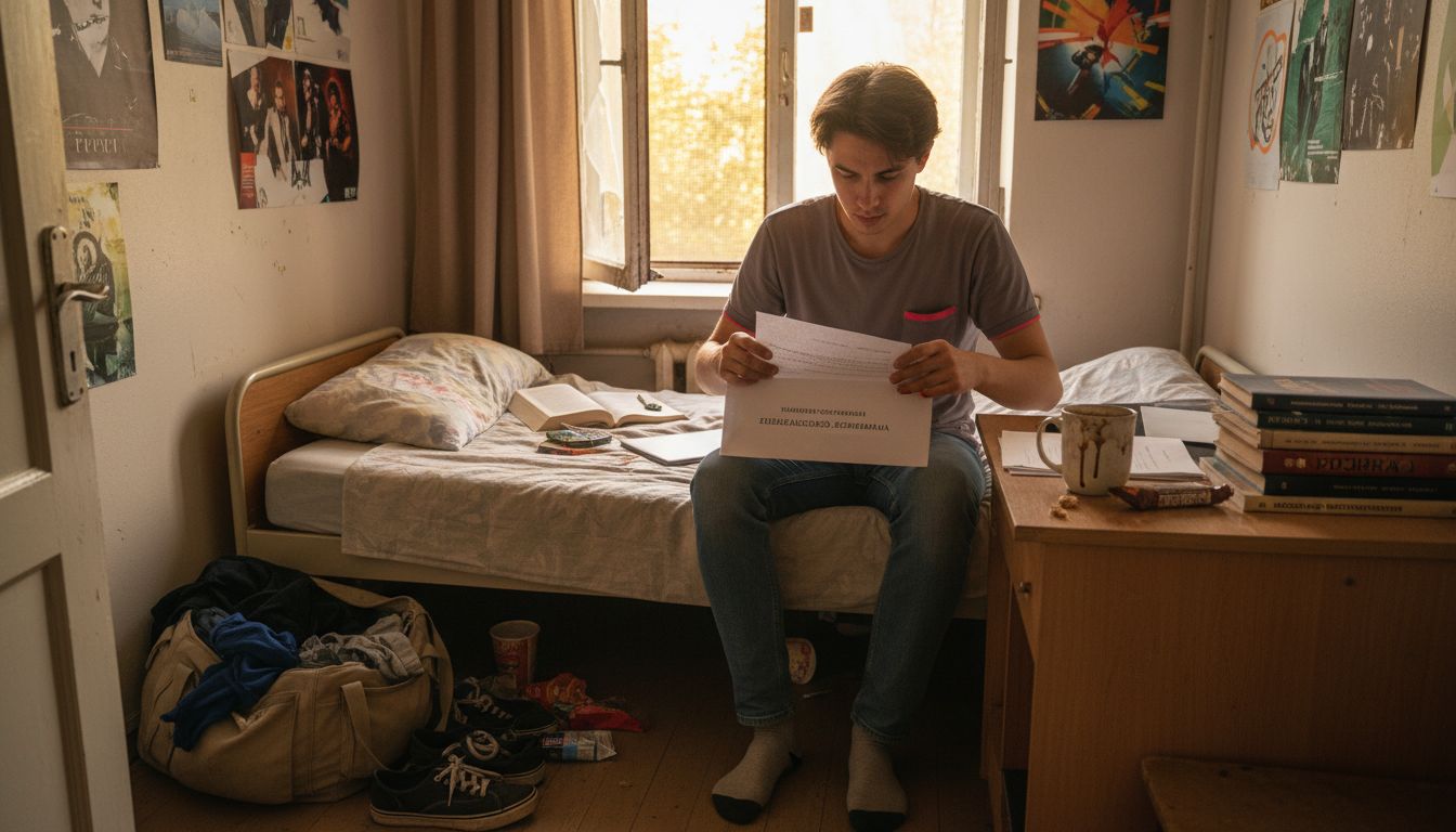 Студент получает документы в своей комнате в немецком общежитии.