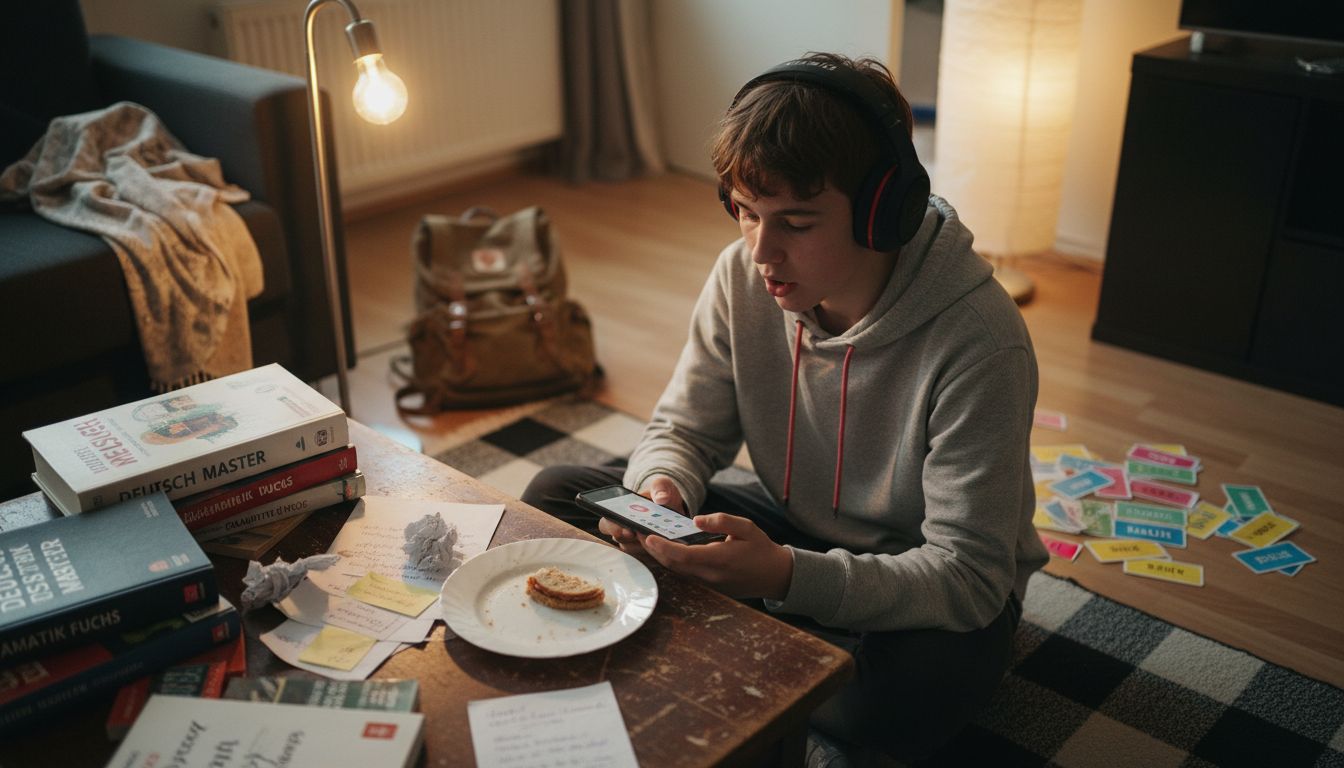 Teen learning German at home with materials