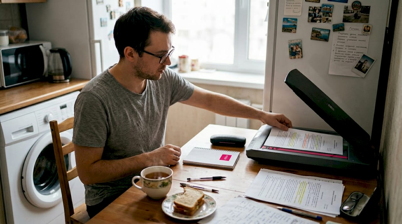 Мужчина разбирает документы на кухне, используя сканер.