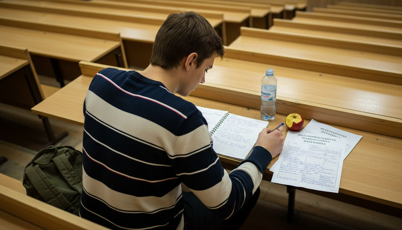 Студент слушает лекцию в университете.