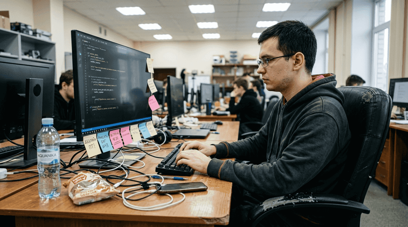Студент-айтишник пишет код в учебной лаборатории