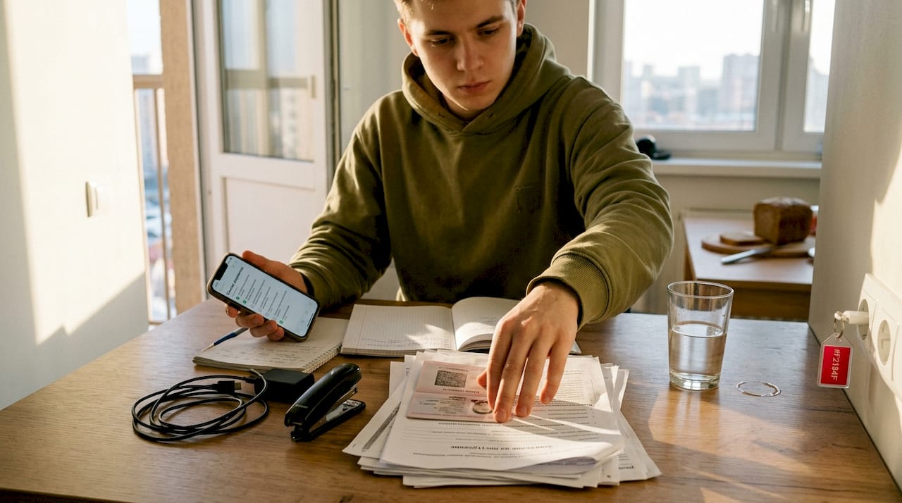 Студент разбирает свои документы для поступления, сидя за кухонным столом.