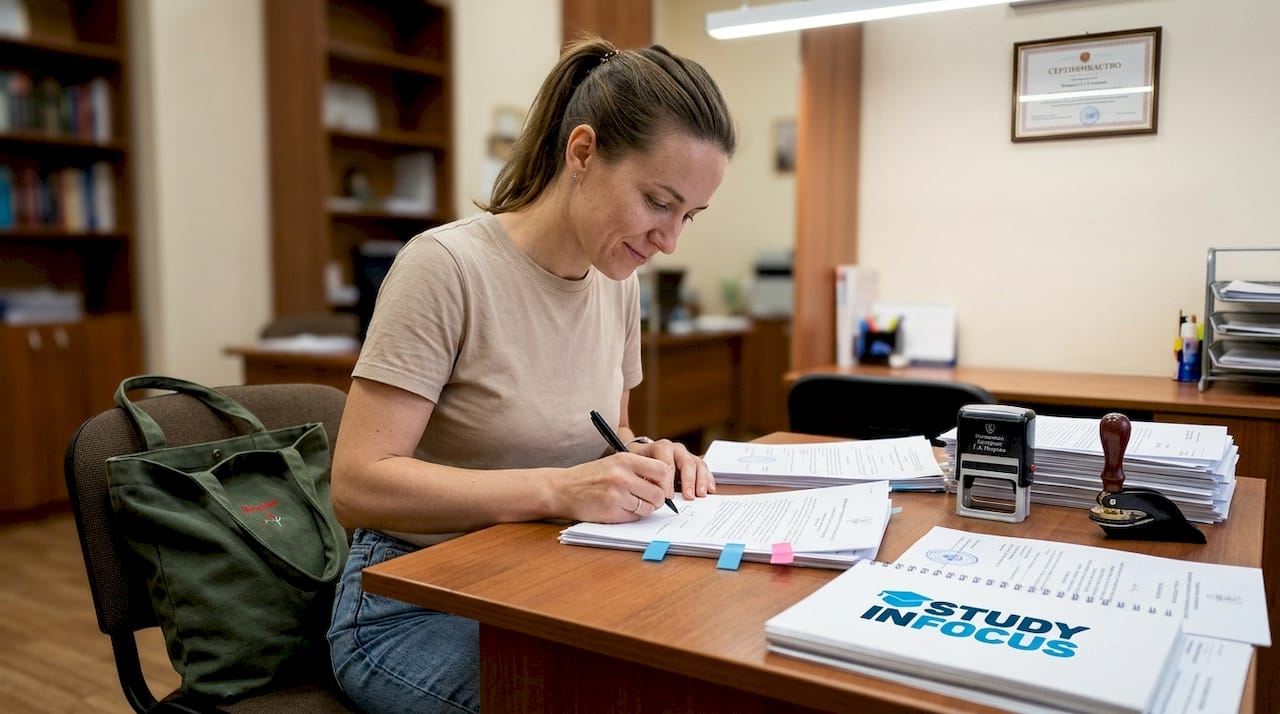 Женщина внимательно изучает документы для получения сертификата.