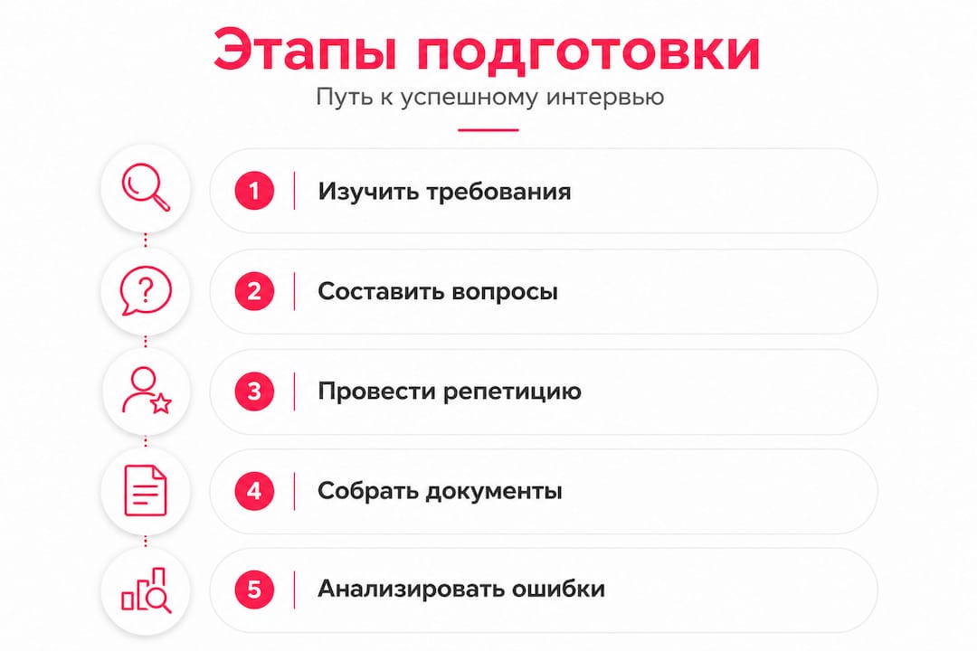 Инфографика: пять ключевых шагов к успешной подготовке к собеседованию