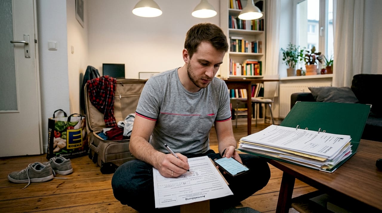 Студент заполняет документы для прописки у себя в квартире.