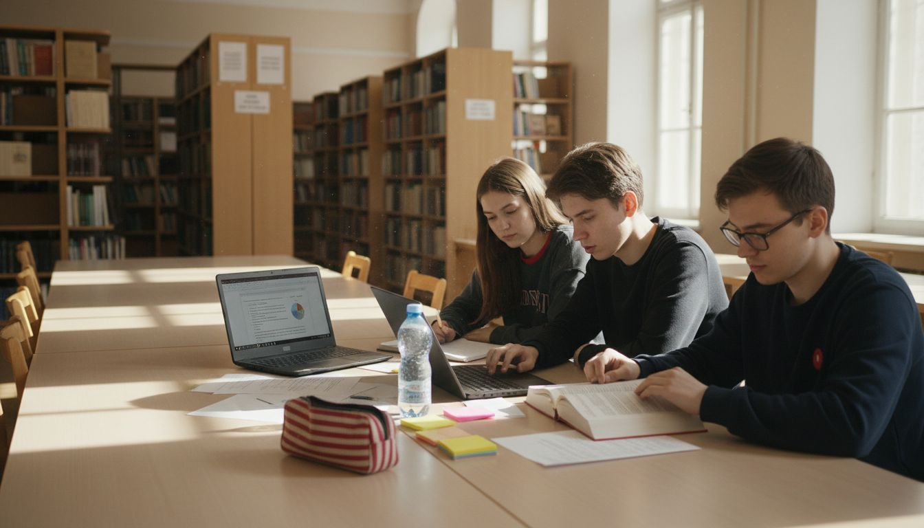 Студенческая группа занимается вместе в библиотеке немецкого университета.