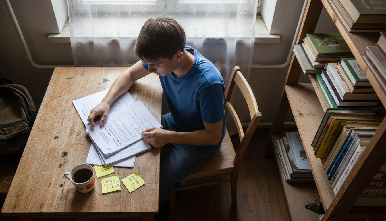 Студент сидит на кухне и собирает документы для поступления.