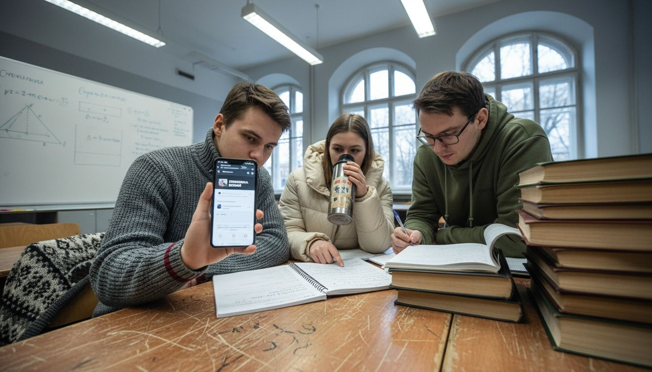 Студенты обсуждают учебные вопросы в аудитории немецкого университета.