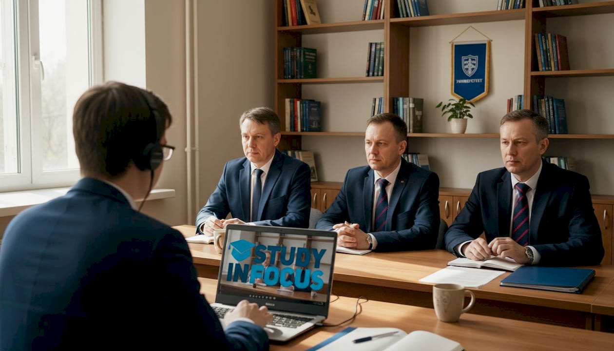 Собеседование для поступления в университете проводится в формате видеоконференции прямо в офисе приёмной комиссии.