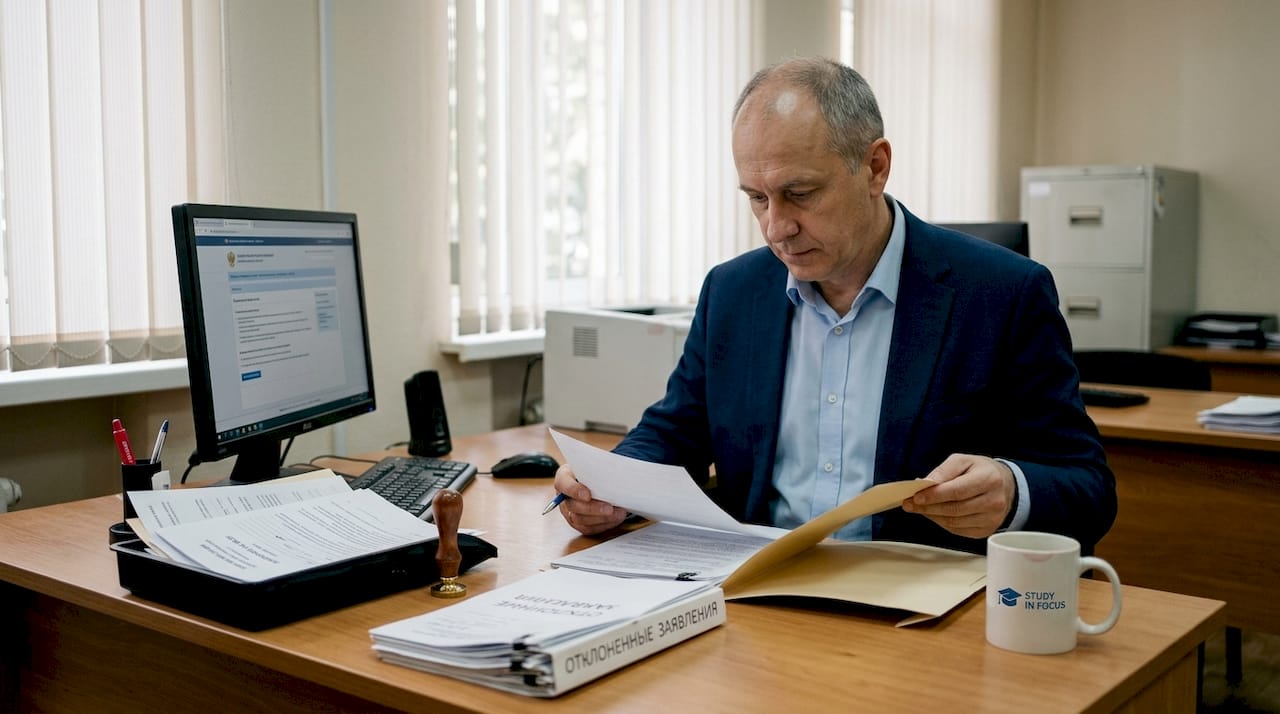 Сотрудник консульства внимательно проверяет документы, поданные на визу.
