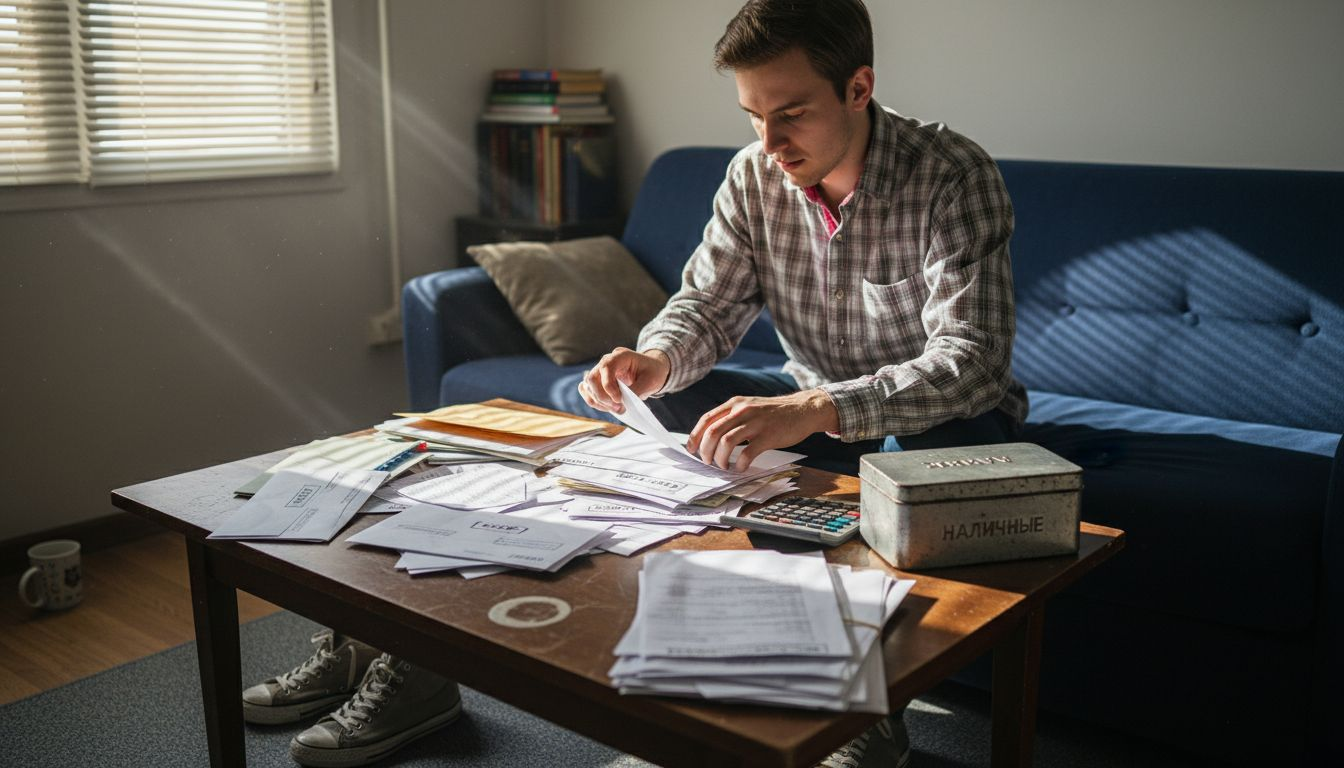 Мужчина систематизирует финансовые документы Германии для учёбы.