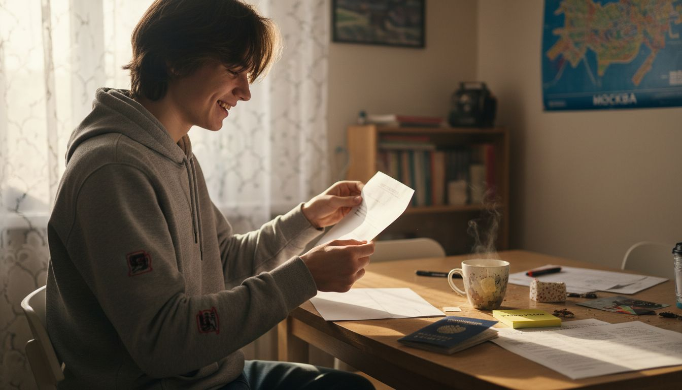 Студент вскрывает конверт с письмом о поступлении в университет